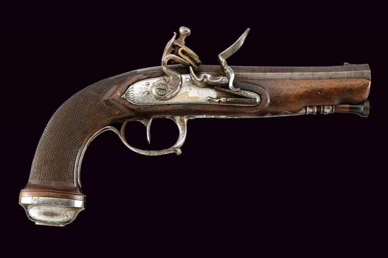 Rougé, Pistola a pietra focaia, canna ottagonale micro-rigata brunita e damascata, Belgio, circa ...