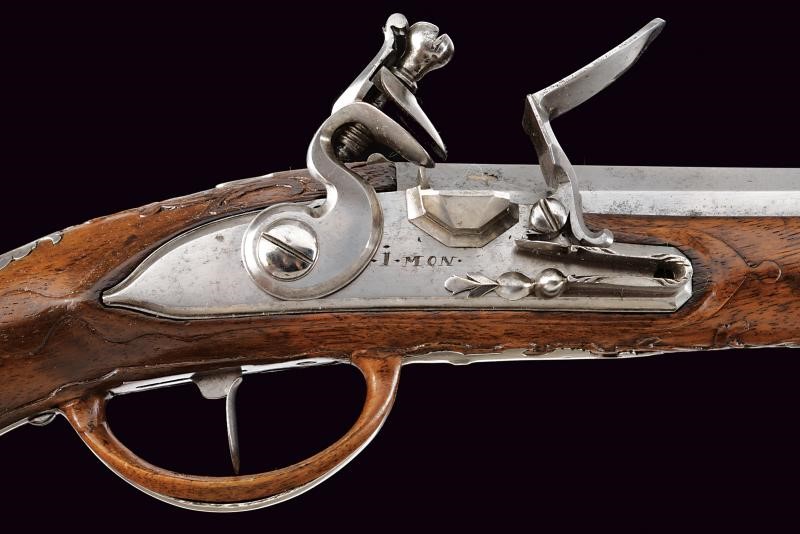 Maestro J. Mond, Coppia di pistole a pietra focaia in calibro 11,5 mm con fornimenti in argento, ...