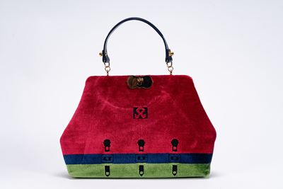 Borsa, in velluto rosso, blu e verde con manico in pelle e finiture in metallo dorato