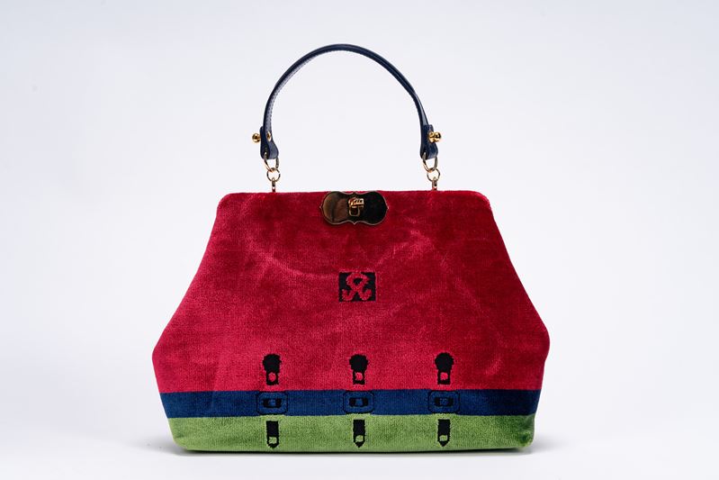Roberta di Camerino - Borsa, in velluto rosso, blu e verde con manico in pelle e finiture in meta...