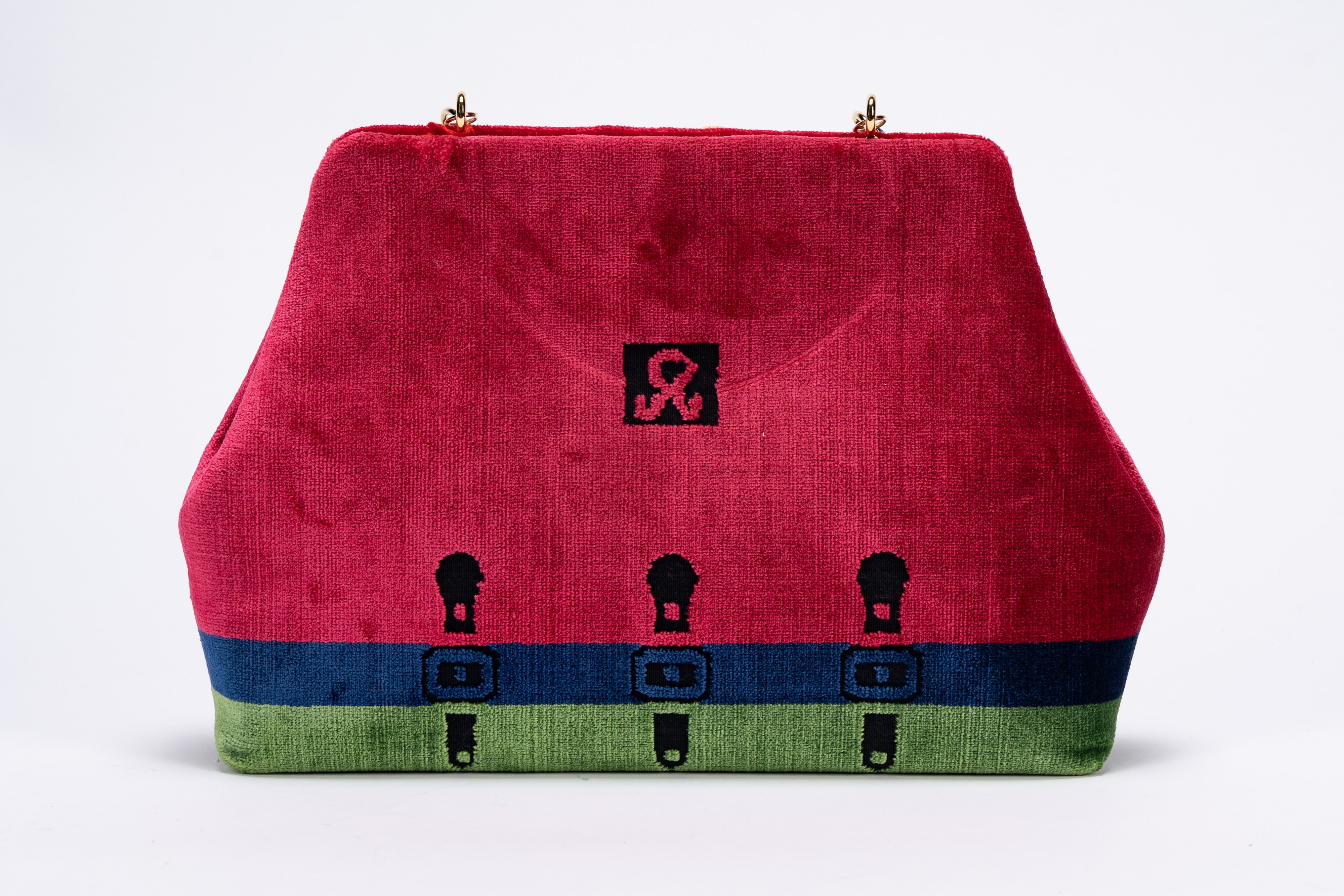 Roberta di Camerino - Borsa, in velluto rosso, blu e verde con manico in pelle e finiture in meta...