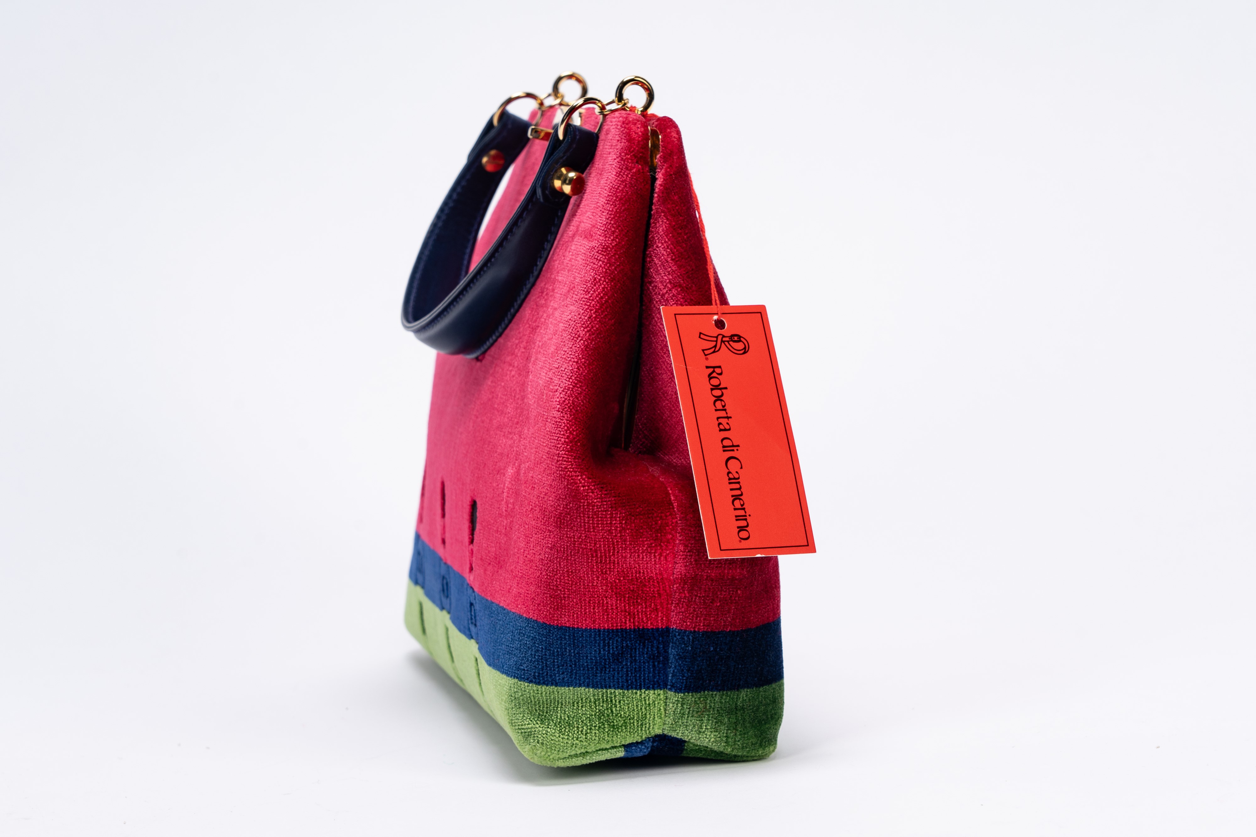 Roberta di Camerino - Borsa, in velluto rosso, blu e verde con manico in pelle e finiture in meta...