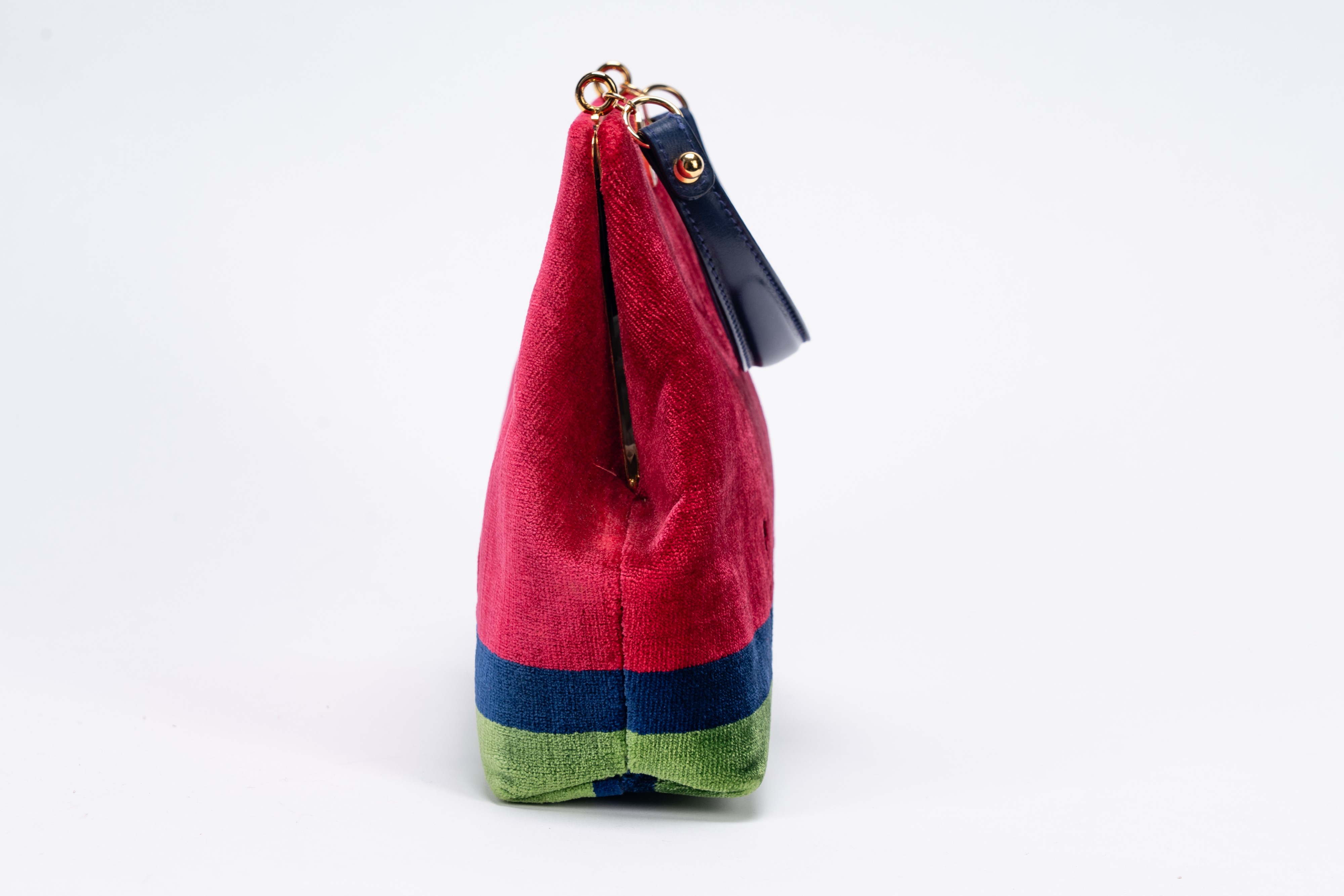 Roberta di Camerino - Borsa, in velluto rosso, blu e verde con manico in pelle e finiture in meta...