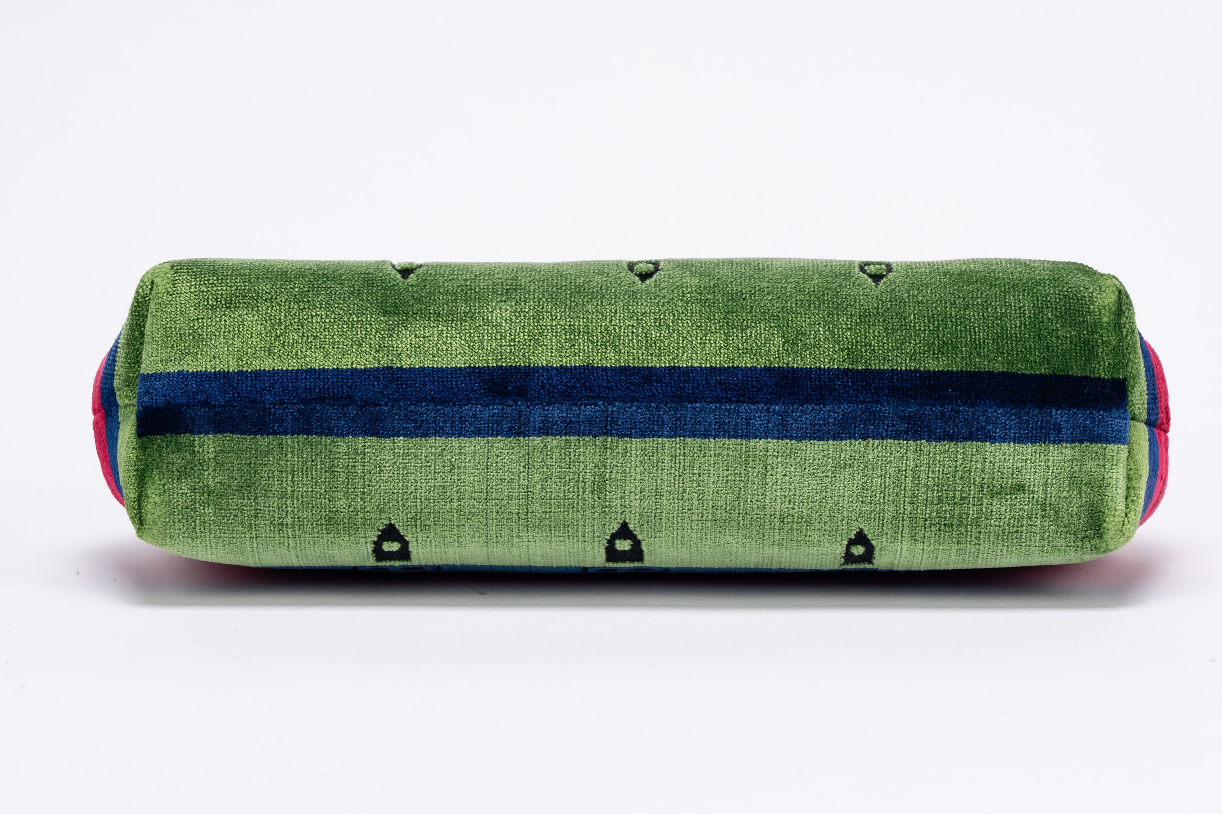 Roberta di Camerino - Borsa, in velluto rosso, blu e verde con manico in pelle e finiture in meta...