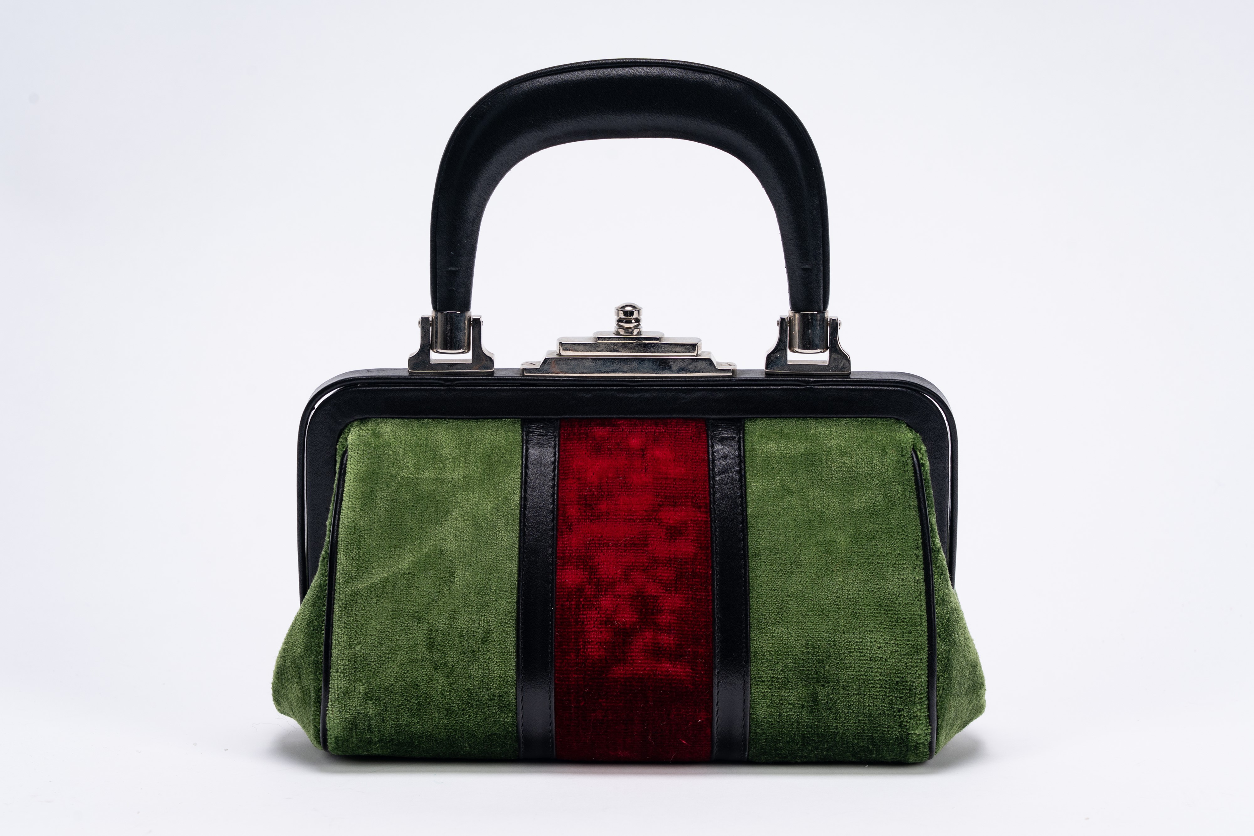Roberta di Camerino - Borsa Bagonghi, borsa in velluto verde e rosso con manico e chiusura in pel...