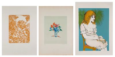 Lotto di tre fogli: Bruno Caruso “Donna seduta”, Romano Notari “Composizione” (1981), Giovanni Om...