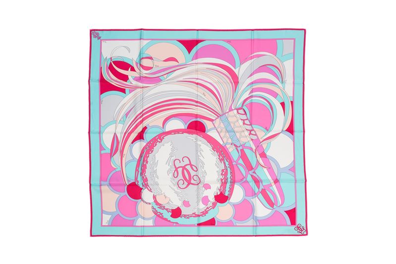 Emilio Pucci - Foulard in seta a fantasia policroma su fondo azzurro