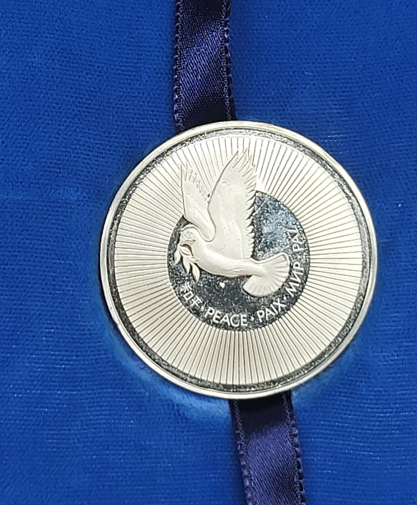 Medaglia per la pace, argento Sterling 925, con firma del Segretario dell'ONU (1970s)