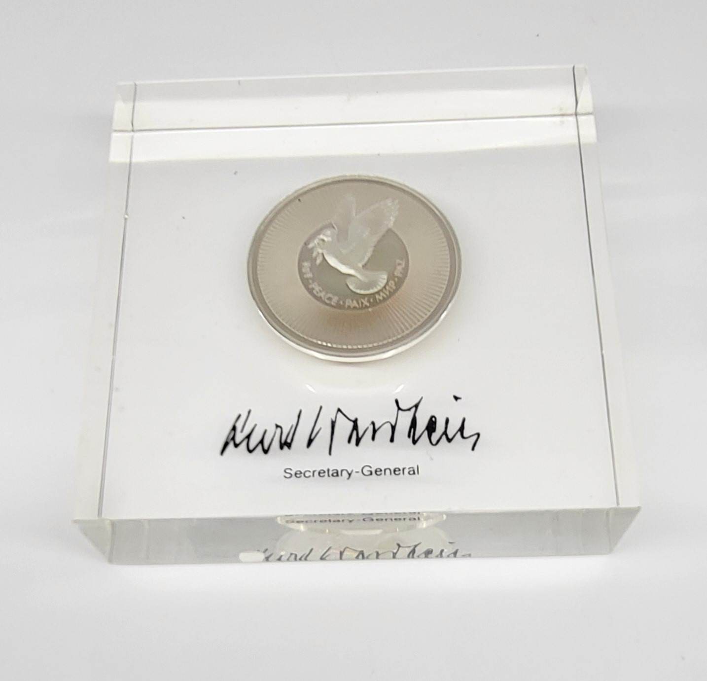 Medaglia per la pace, argento Sterling 925, con firma del Segretario dell'ONU (1970s)
