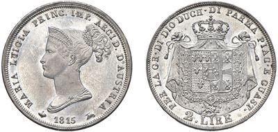 Moneta in argento, 2 lire 1815 (Milano) con busto di Maria Luigia