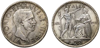 Vittorio Emanuele III, 20 Lire 1928 “Littore” (Roma), moneta in argento