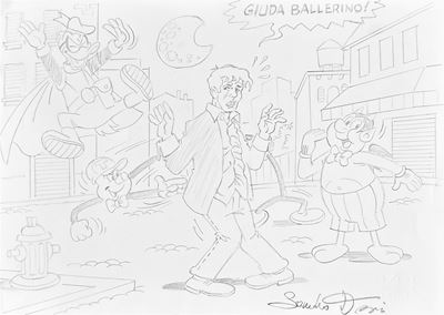 Illustrazione a matita con Geppo, Dylan Dog, Tiramolla e Paperinik