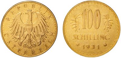 Austriaco della Prima Repubblica, 100 scellini 1931 (Vienna), aquila coronata e valore tra ramett...