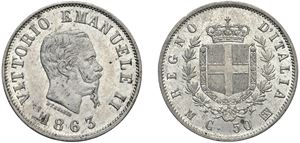 VITTORIO EMANUELE II (1861 - 1878) &ndash; 50 centesimi 1863, "Stemma", Milano.