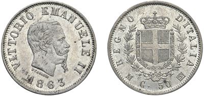 Giuseppe Ferraris, 50 centesimi 1863 «Stemma» (Vittorio Emanuele II), argento