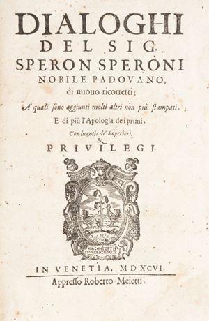 L'edizione più completa dei dialoghi dell'umanista e filosofo padovano Speron Speroni, contenente 17 dialoghi sui più vari argomenti: sull'amore, sulla dignità delle donne, sul parto, sulla cura familiare, sulla discordia, sulla retorica, sulla storia, su Senofonte, su Virgilio, sulla fortuna e altri. Dialoghi