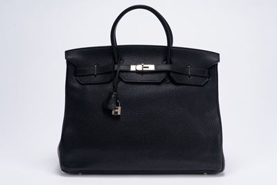 Borsa Birkin, pelle Togo nera con dettagli in palladio