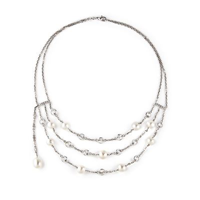Collana in oro bianco 18k con perle coltivate e zirconi incolori