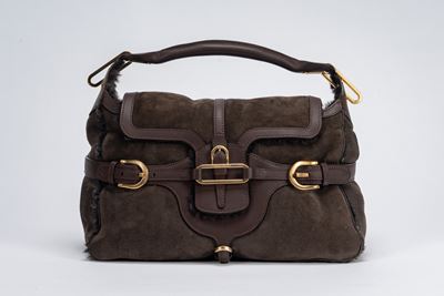Borsa, montone color tabacco con dettagli in pelle e metallo dorato brunito