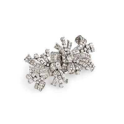 Spilla a doppia clip, diamanti in platino e oro bianco 18k
