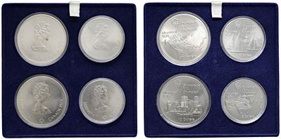 Cofanetto con 4 monete commemorative, argento 145,80 g totali, 5 e 10 dollari 1973 (dedicate alle...