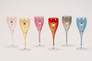 Six multicolored Murano glass glasses in a box signed Cecconi Argenti