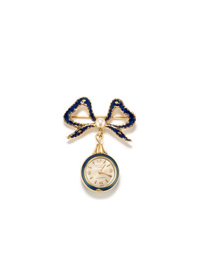 Spilla-orologio in oro giallo 18k con decorazione in smalto