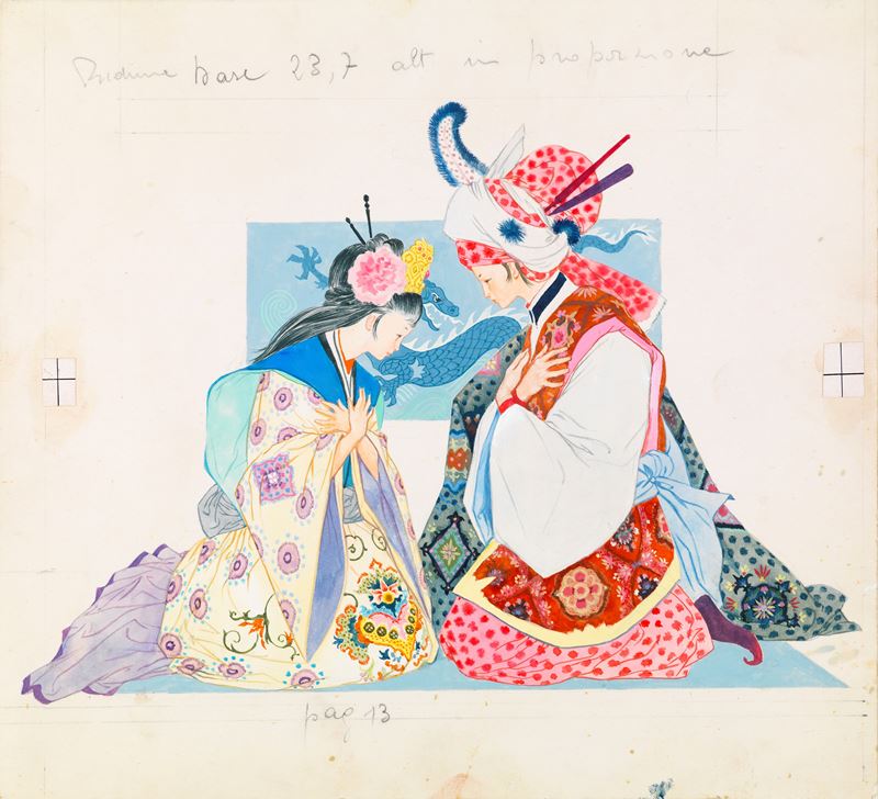Gianni Benvenuti - Le mille e una notte (illustrazione originale), matita, pastelli e tempera su ...