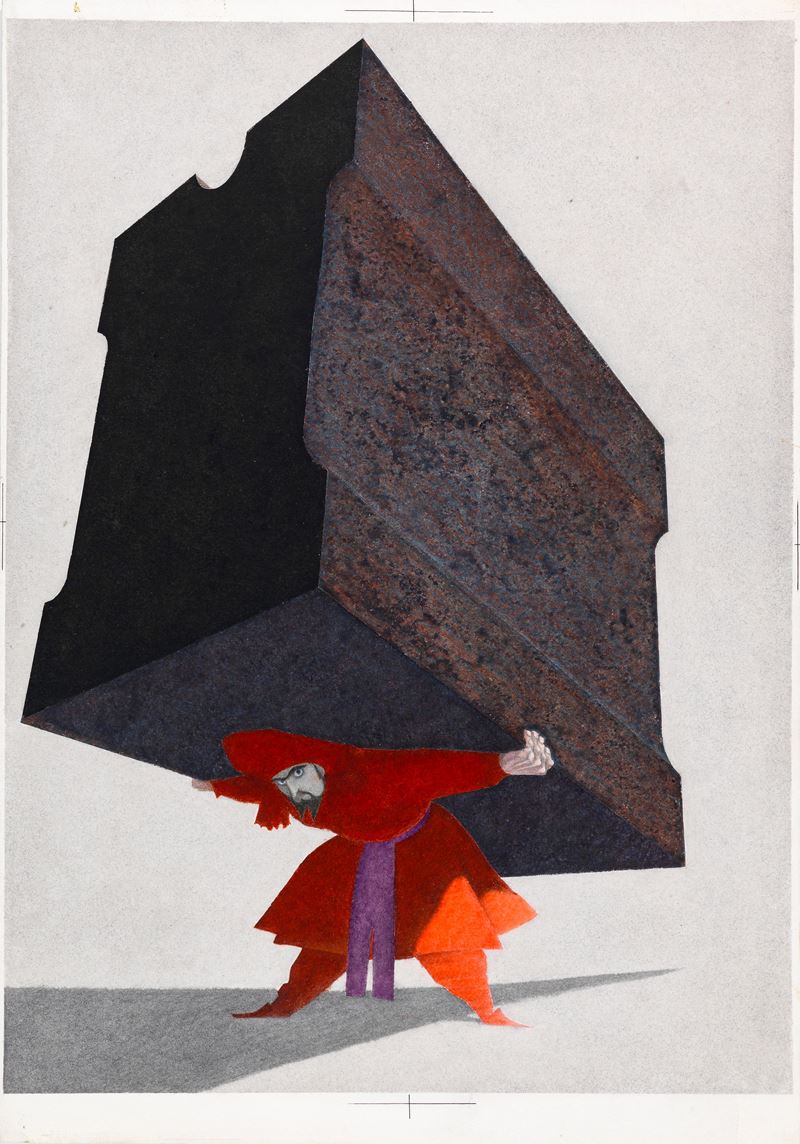 Ugo Fontana - Il tappeto volante (illustrazione per fiaba, tempera e acquerello su cartone), 1968