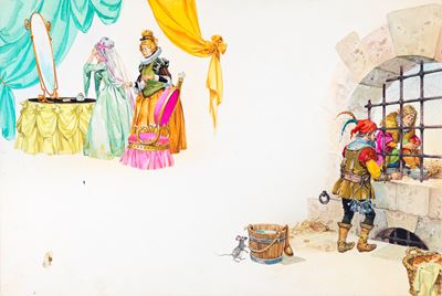 Illustrazione per fiaba, L‘acciarino magico, tempera su cartone (1967)