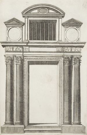 La prima edizione italiana dell'Extraordinario libro di Serlio si ebbe a Venezia nel 1557, sei anni dopo l'editio princeps stampata a Lione in francese e italiano da Jean de Tournes (1551). Il libro non faceva parte dell'originario programma del trattato serliano e raccoglie cinquanta incisioni raffiguranti altrettanti portali, trenta di stile rustico e venti di "opera delicata", che Serlio realizzò a Fontainebleau. Extraordinario libro di architettura di Sebastiano Serlio, architetto del re christianissimo. Nel quale si dimostrano trenta porte di opera rustica... & venti di opera dilicata 