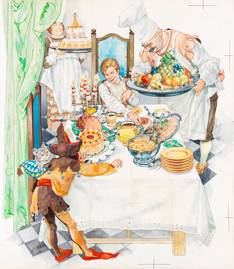 Sergio (romano Rizzato) - Il capraio e la figlia del re (illustrazione per fiaba), tempera su car...