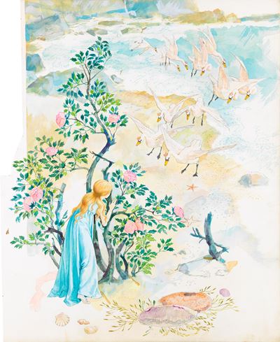 I cigni selvatici (illustrazione per fiaba), tempera e acquerello su cartone sagomato, 1966