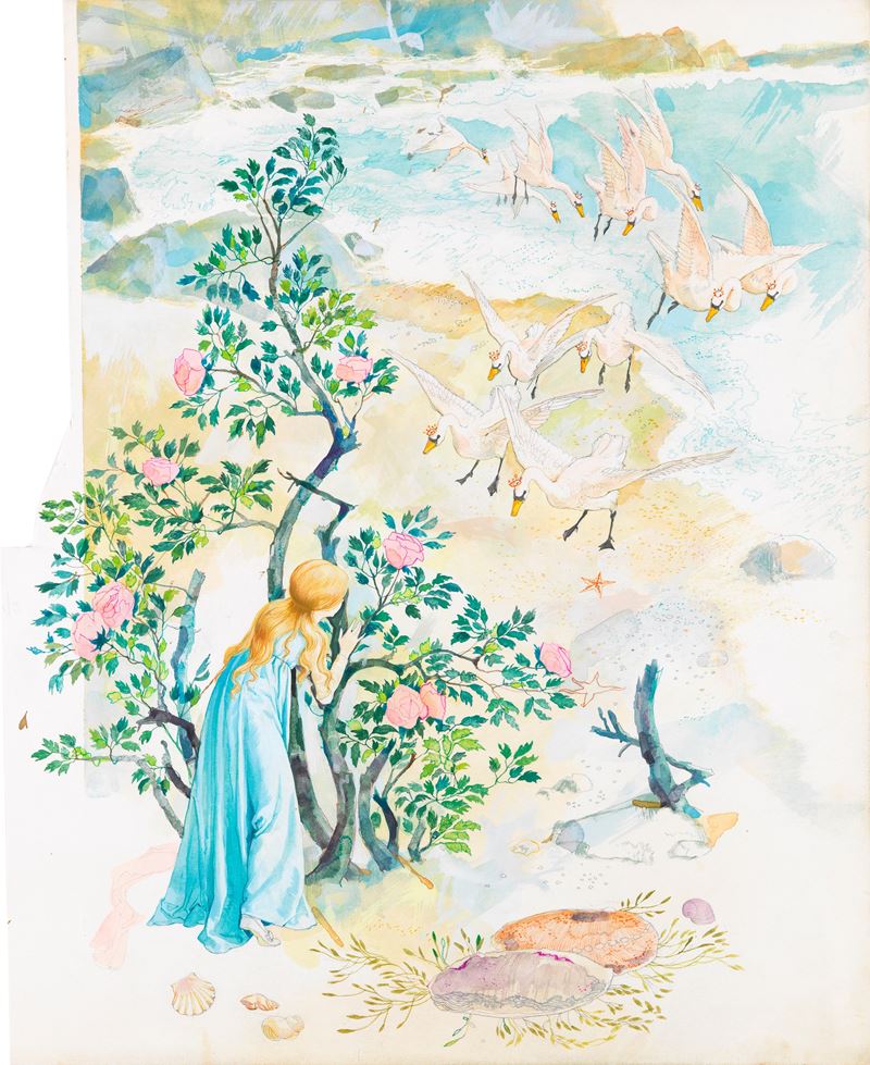 Sergio (romano Rizzato) - I cigni selvatici (illustrazione per fiaba), tempera e acquerello su ca...
