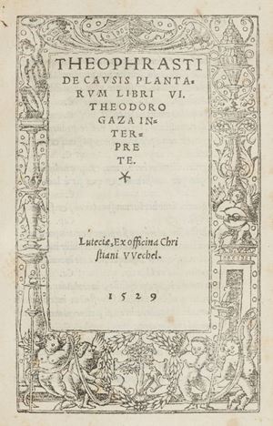 Rara edizione in latino della famosa opera di Teofrasto curata da Theodoro Gaza. 
Lotto non passibile di restituzione. De Historia, et causis plantarum, libri quindecim. Theodoro Gaza interprete.