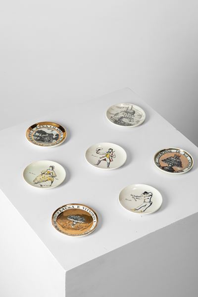 Set di sei piattini decorativi in ceramica serigrafata (anni 1960 circa)