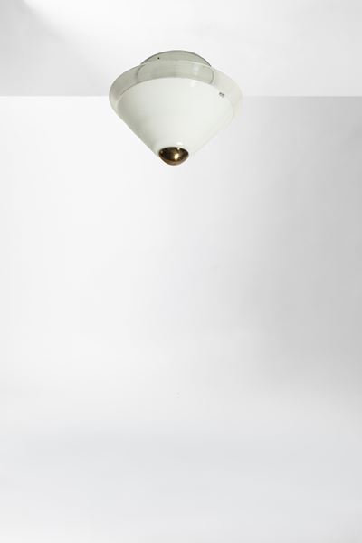 Lampada da soffitto, vetro lattimo e filigrana, ottone e metallo laminato (circa 1950)