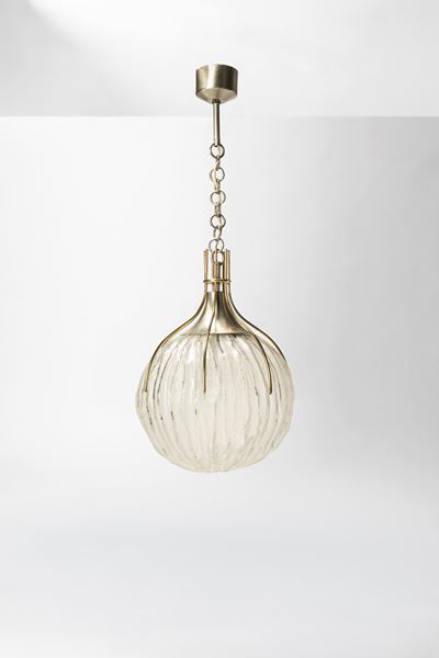 Lampada a sospensione in vetro e ottone