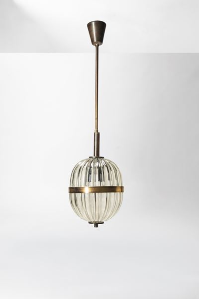 Lampada a sospensione, vetro costolato e ottone, manifattura italiana (circa 1970)