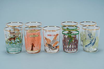 Nove highball glasses, collezione Yvonne Ellen London, a decorazioni animali differenti