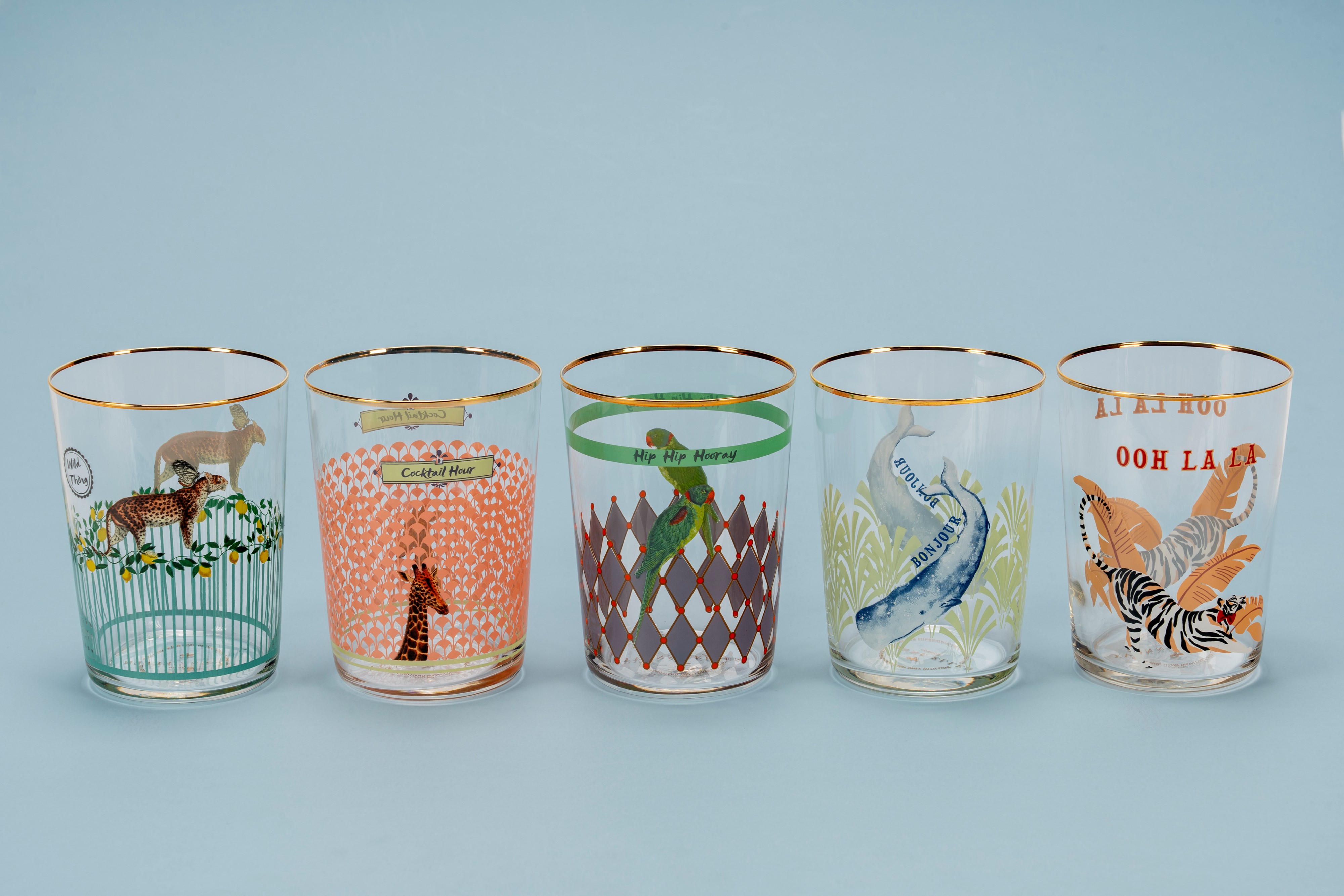 Nove highball glasses, collezione Yvonne Ellen London, a decorazioni animali differenti