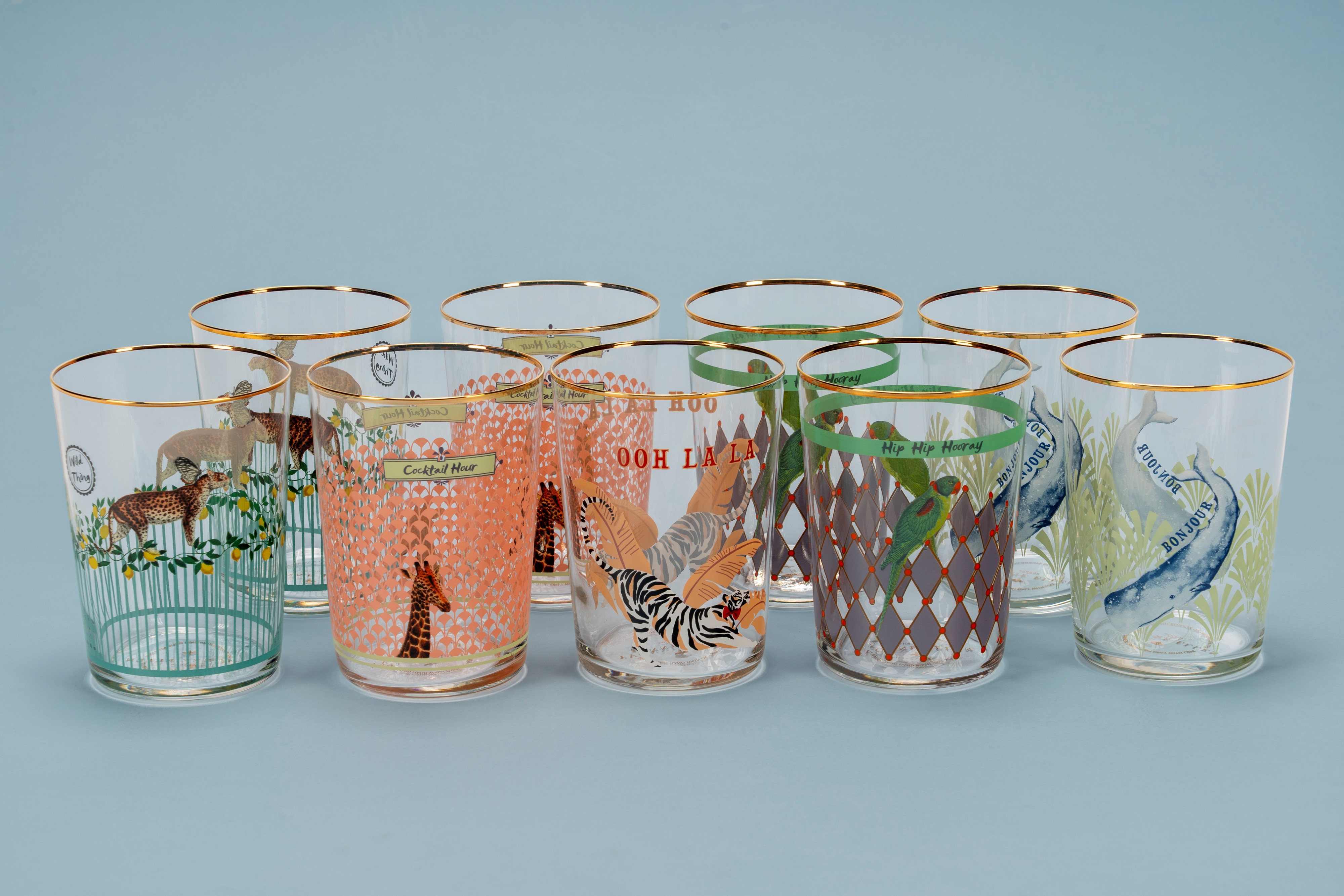 Nove highball glasses, collezione Yvonne Ellen London, a decorazioni animali differenti
