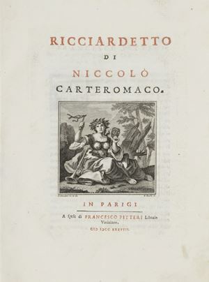 Esemplare fresco e marginoso. "Il Ricciardetto è un frutto tardivo della dissoluzione del poema e delle idealità cavalleresche, nel solco della tradizione creata dal Morgante del Pulci e dal Baldo folenghiano. Esso non è propriamente né una satira, né una parodia, poiché la materia cavalleresca costituisce il semplice spunto, il punto d'appoggio per il libero e gioioso e sapido fantasticare di cui si compiace l'autore, e ch'è il pregio principale del poema.", Dizionario letterario Bompiani. Opere VI, pag. 214. "Edizione originale, nitida e non mutilata come lo furono alcune delle posteriori..." Gamba, 2241; Morazzoni, pag. 220 e 35; Olschki Choix, 18489; Parenti, Falsi luoghi, pp.160-1. 2 1738. Ricciardetto di Niccolò Carteromaco