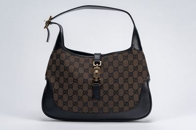 Borsa “Jackie”, in tessuto logato marrone con profili in pelle e dettagli in metallo