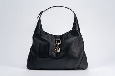 Borsa “Jackie”, in pelle nera con dettagli in metallo e interno in tela beige