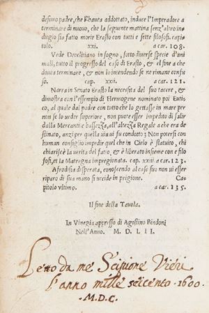 (Libro dei sette savi). Erasto doppo molti secoli ritornato al fine in luce et con somma diligenza dal greco fedelmente tradotto in italiano
