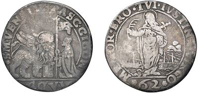 Pasquale Cicogna, Doge LXXXVIII (1585–1595), Mezzo ducato con leone alato e Santa Giustina, argen...