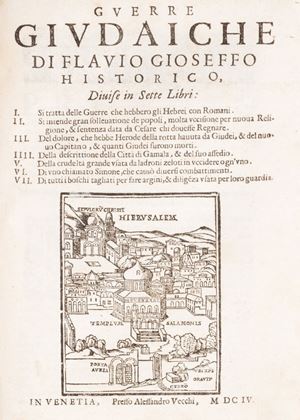 I opera: L'esemplare riunisce tre edizioni di Giuseppe Flavio, la prima corredata da moltissime illustrazioni incise su legno nel testo e a piena pagina, tra cui i bei ritratti dei Profeti, la seconda con una bella vedutina di Gerusalemme al frontespizio. Delle Antichità, e Guerre Giudaiche; diviso in vintisette libri