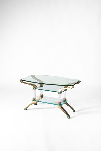 Tavolino, ottone e cristallo, struttura in metallo, 1940 circa