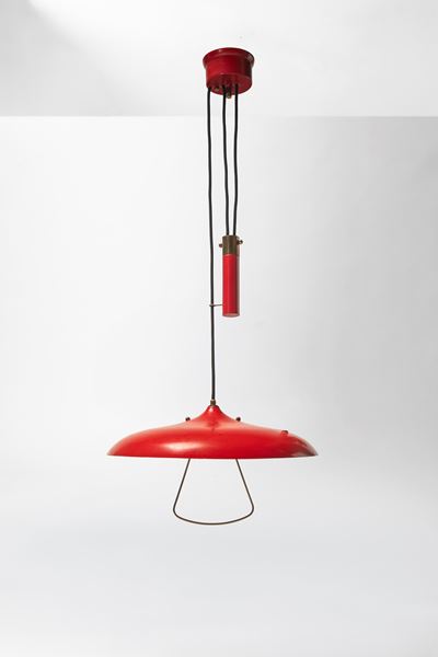 Lampadario regolabile, alluminio laccato e ottone (Italia), 1950 circa